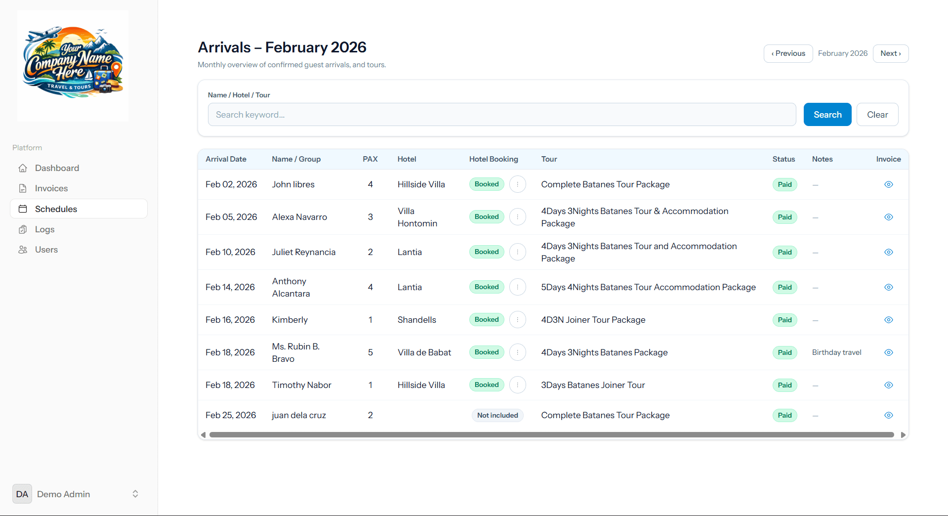 Arrivals Calendar